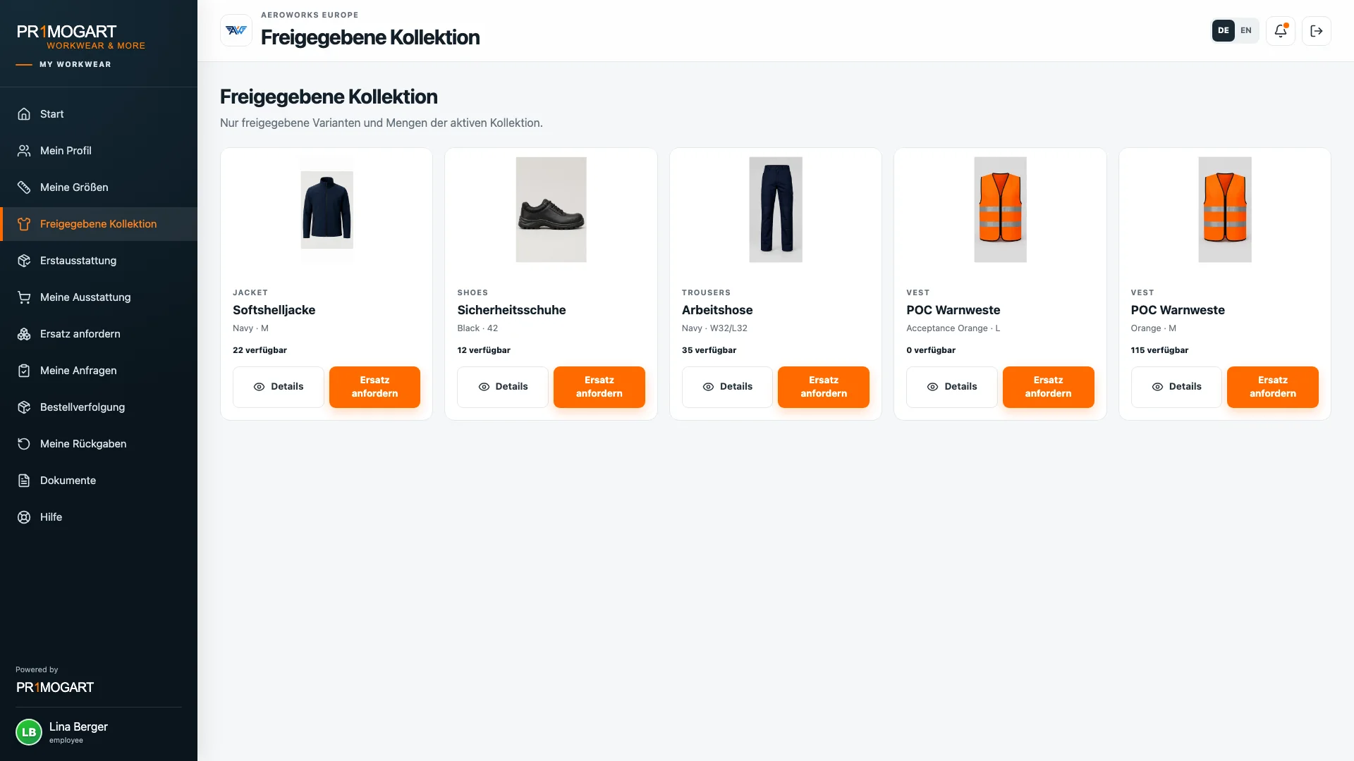 Freigegebene Kollektion im Employee Portal mit persönlichen Artikeln und Größen