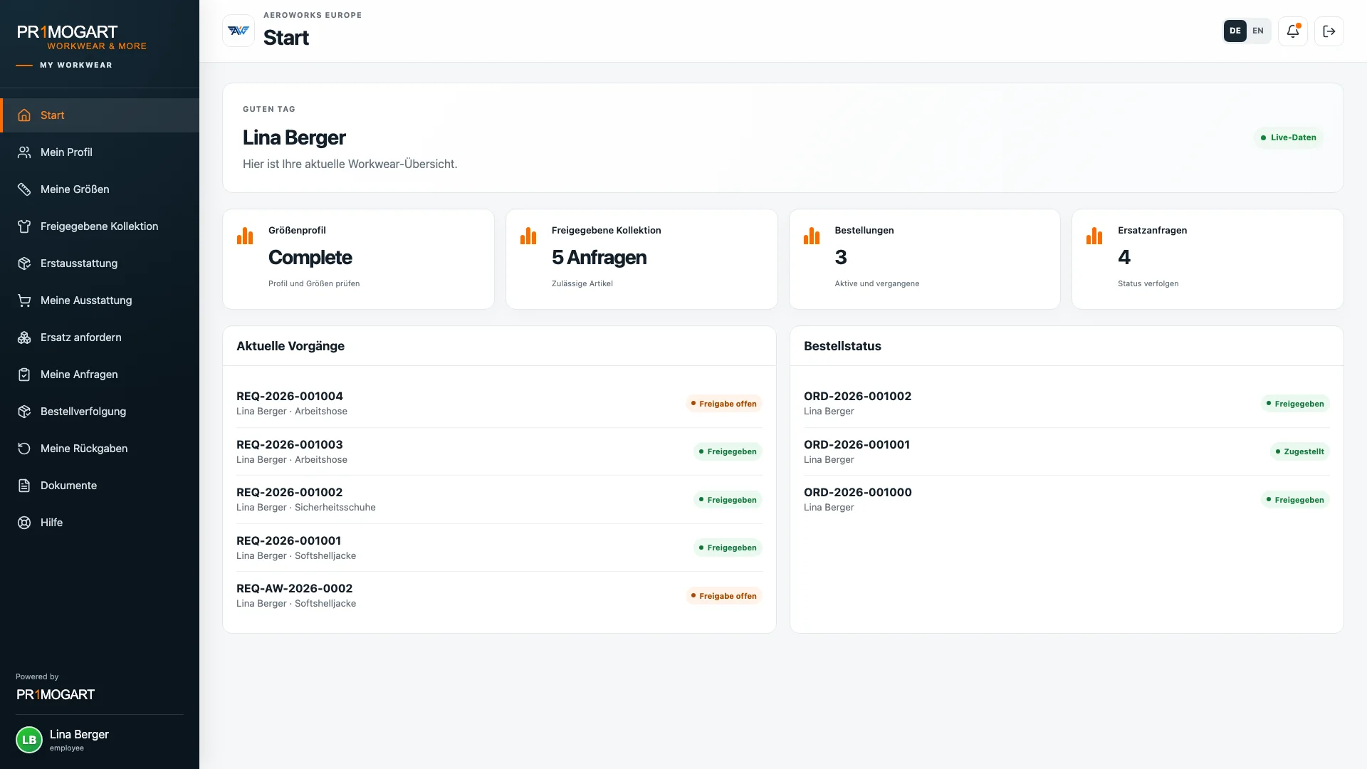 Employee Portal mit Größenprofil, freigegebener Kollektion, Bestellungen und Ersatzanfragen