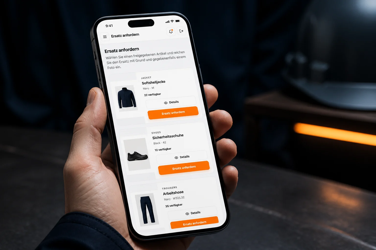 PRIMOGART Employee Portal auf einem Smartphone beim Anfordern eines Ersatzartikels